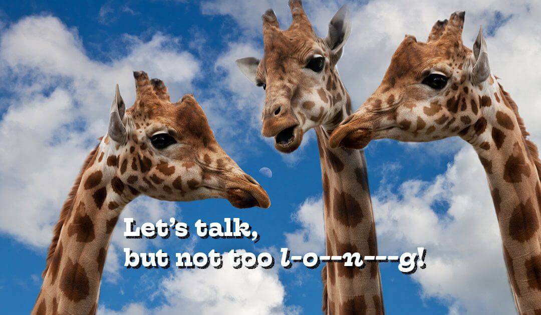 Photo of giraffes saying "Let's talk, but not too l-o--n---g! Goes with the blog article "How to talk with your lawyer."
