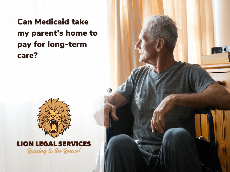 This is a cover slide for the article "Can Medicaid take my parent's home?" It shows an elderly man in a wheelchair looking out a window.